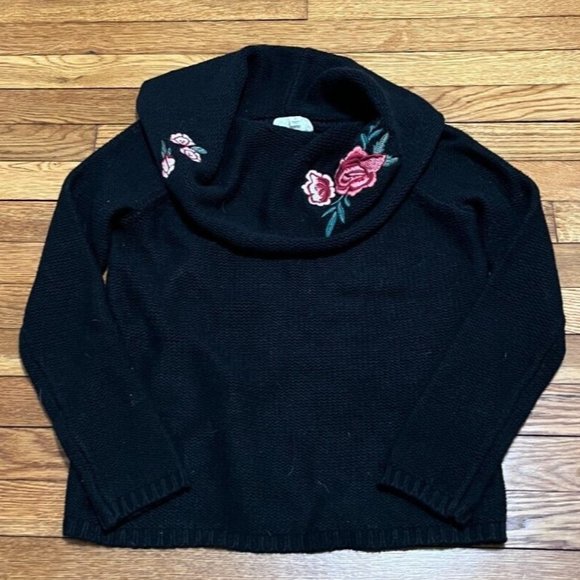 Cloud Chaser Women's Black Cowl Neck Sweater Embroidered Floral Print Medium - Picture 1 of 4